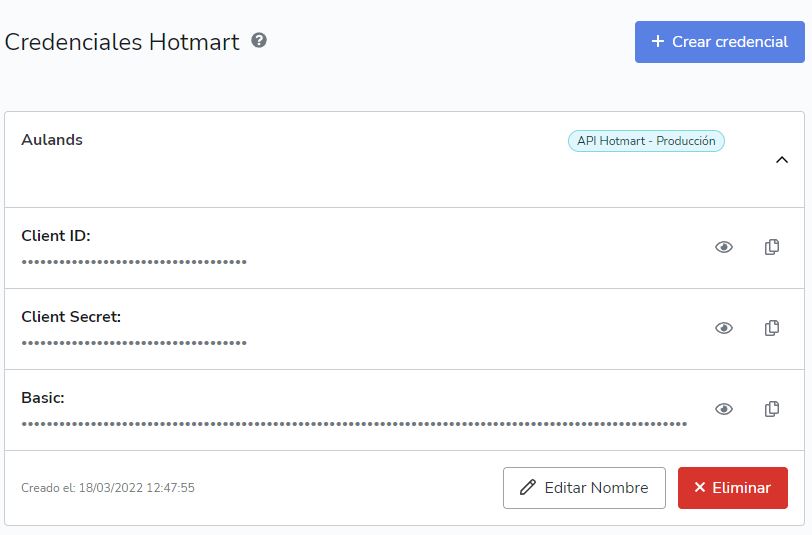 Captura de pantalla del detalle de credencial de Hotmart